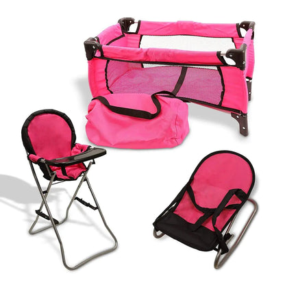Pink Baby Doll Accessories Set - 3 In 1 Baby Doll Furniture Set with Baby Doll High Chair Baby Doll Crib Baby Doll Bouncer Seat Baby Doll Bed Set for 18” Doll - Play Baby Doll Toys for 18" Dolls