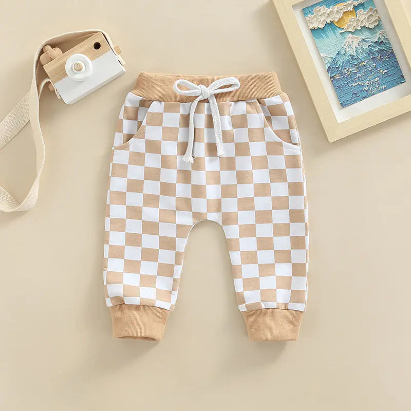 Checkerboard Print Casual Baby Trousers for Toddlers